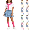 thumbnail image 1 of Daiosportswear Girls 4 Piece Summer Outfit Set, Crew Neck Tee Detachable Scarf Tiered Ruffle Denim Skirt Knee High Socks for 3-16Y Yellow 15-16 Years, 1 of 9