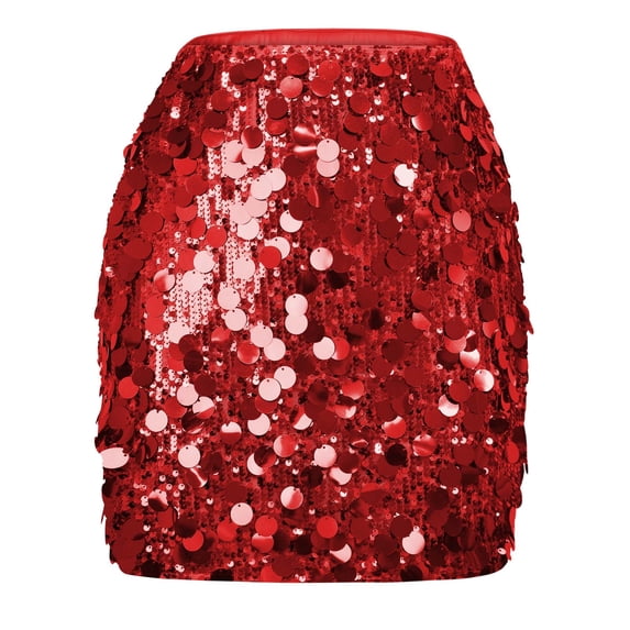 Daiosportswear Glitter Skirt for Women Sparkly Sequin Mini Skirt Tummy Control Stretchy Bodycon Skirts for Nightclub Carnival Party Red 16-18(XL)