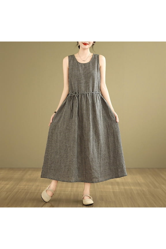 Ladies Hemp Dress Sleeveless Lace-Up Dresses Retro Layered Midi Casual Plaid Dress,Women'S Sleeveless Dress Black XL(XL)