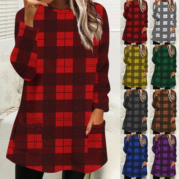 Daiosportswear Ladies' loose casual winter warm round neck plaid printed pocket plush long sleeved thick pullover top Yellow XL(XL)