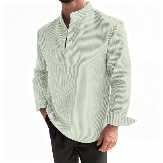 Daiosportswear Lightweight Seersucker Textured Striped Stand Collar Top, Roll Cuff Breathable Summer Casual Long Sleeve for Men Green L