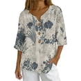 thumbnail image 1 of Daiosportswear Linen Shirts for Women Loose Fit Notched V Neck 3/4 Sleeve Summer Tops Dressy Button Flower Print Work Blouse,Womens Tops Multicolor-C L(L), 1 of 8