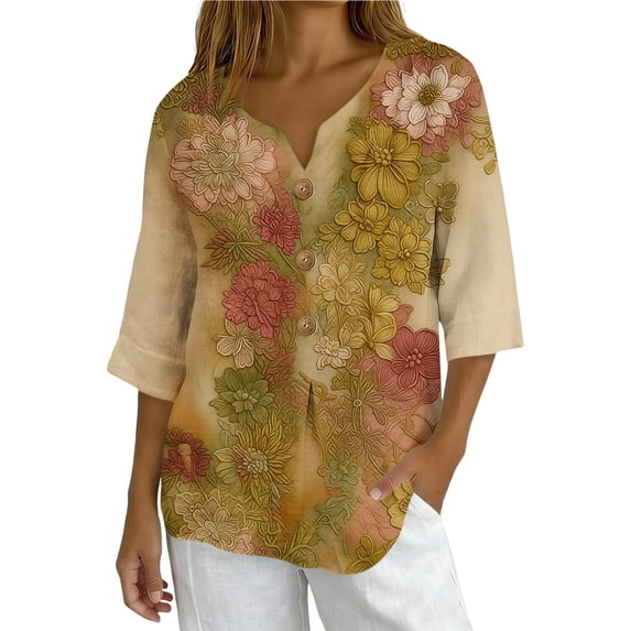 Daiosportswear Linen Shirts for Women Loose Fit Notched V Neck 3/4 Sleeve Summer Tops Dressy Button Flower Print Work Blouse,Womens Tops Multicolor-K M(M)