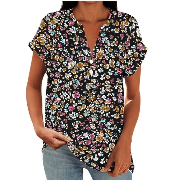 Daiosportswear Linen Shirts for Women Summer Fashion Short Sleeve Shirts V Neck Cotton Casual Loose Button Tunic Blouses Outfits Pink L(L)