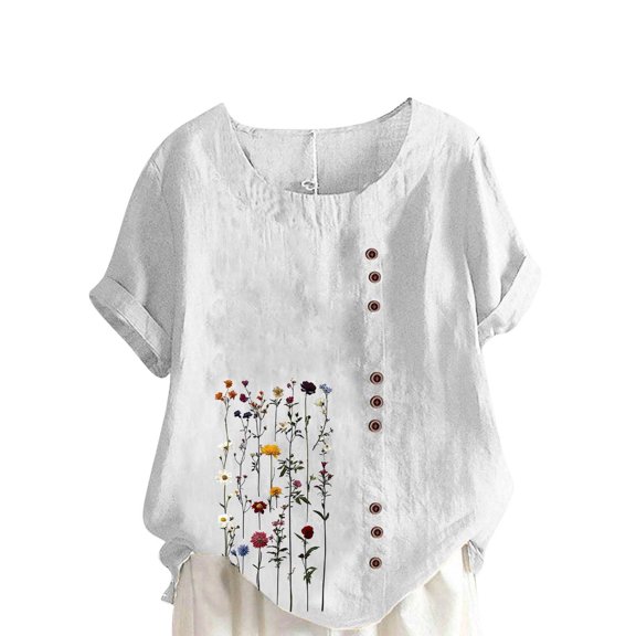 Daiosportswear Linen Shirts for Women Summer Fashion Short Sleeve Shirts V Neck Cotton Casual Loose Button Tunic Blouses Outfits Pink L(L)