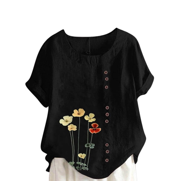 Daiosportswear Linen Shirts for Women Summer Fashion Short Sleeve Shirts V Neck Cotton Casual Loose Button Tunic Blouses Outfits Pink L(L)