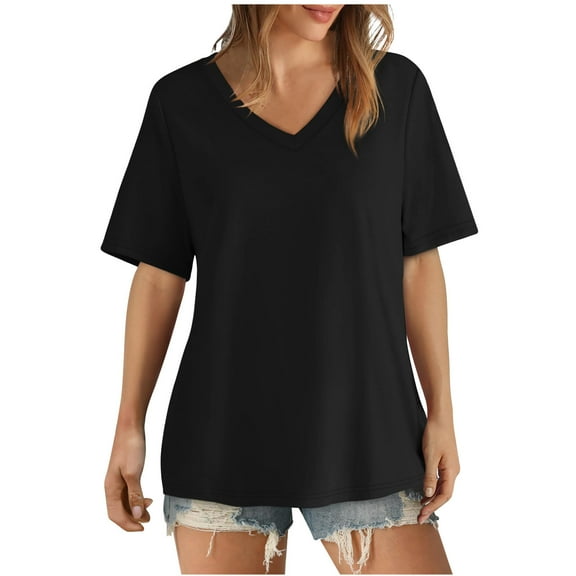 Daiosportswear Women V Neck T-Shirt Casual Short Sleeve Plain Tee Shirts Blouses Black 4(S)