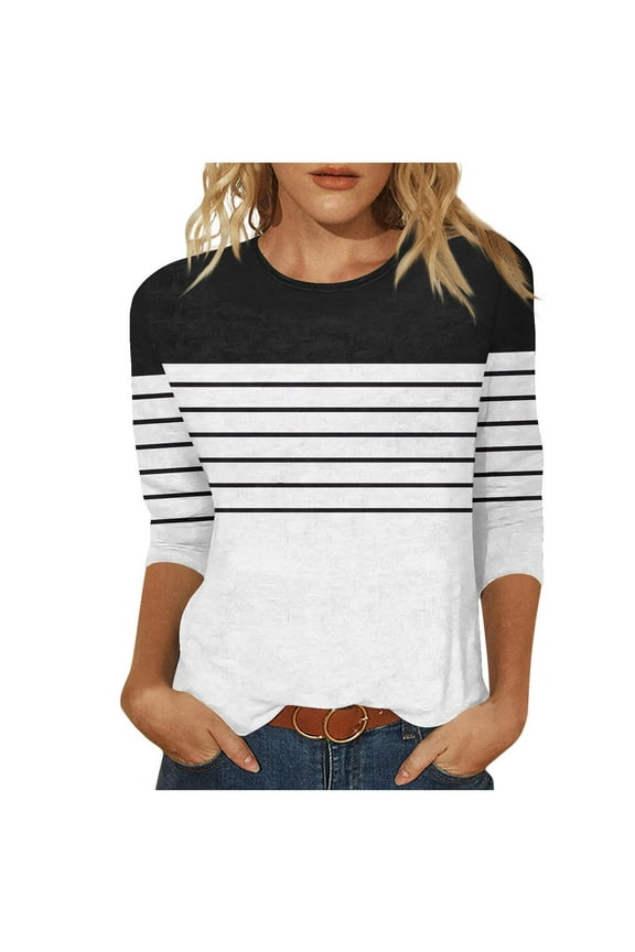 Womens 3/4 Sleeve Tops and Blouses Striped Cute Crew Neck T Shirts Loose Fit Three Quarter Length Dressy Blouses Black S(S)