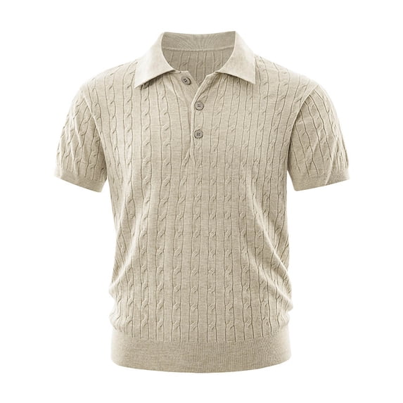 Daiosportswear Men'S Vintage Cable Knit Polo Relaxed Stretchy Soft Textured Shirt Short Sleeve Casual Summer Tee Khaki XXL(XXL)