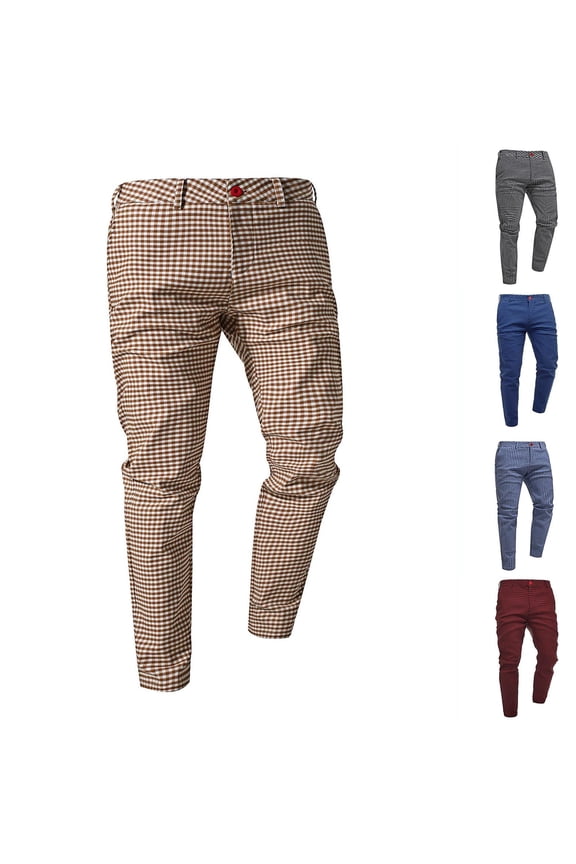 Men's Casual Color Blocked Plaid Checkered Pants Slim Fit Straight Trousers Wine XS