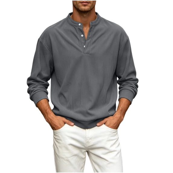 Daiosportswear Men's Casual Henley Shirts Collarless Roll-Up Long Sleeve Button Down Waffle T Shirt Gray XXXXL