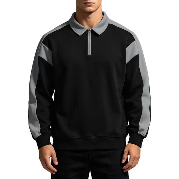 Daiosportswear Men's Color Block Quarter Zip Sweatshirt Loose Pullover Long Sleeve Versatile Lapel Casual T-Shirt Black