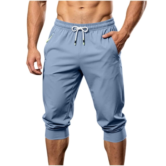 Daiosportswear Men's Drawstring Breathable Outdoor Capris with Zipper Pockets Light Blue XXXXL