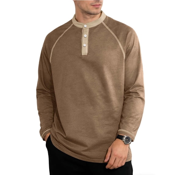 Daiosportswear Men's Henley Shirts Color Blocked Long Sleeve Cotton Pullover Lightweight Casual Button T-Shirt Basic Tee Tops Brown S