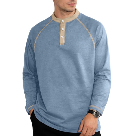 Daiosportswear Men's Henley Shirts Color Blocked Long Sleeve Cotton Pullover Lightweight Casual Button T-Shirt Basic Tee Tops Light Blue XXXL