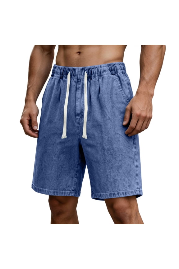 Men's Light Wash Denim Shorts Elastic Drawstring Waist Loose Straight Leg Casual Summer Shorts Blue S(S)