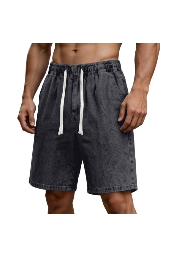Men's Light Wash Denim Shorts Elastic Drawstring Waist Loose Straight Leg Casual Summer Shorts Gray S(S)