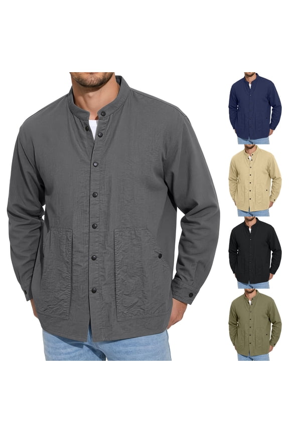 Men's Lightweight Wrinkled Stand Collar Snap Button Jacket, Loose Fit Breathable Outdoor Casual Shacket Navy XL