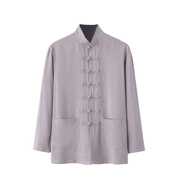 Daiosportswear Men's Linen Shirts Long Sleeve Retro Mandarin Collar Chinese Frog Button Tops Blouse Traditional Kung Fu Uniform Gray XXXL