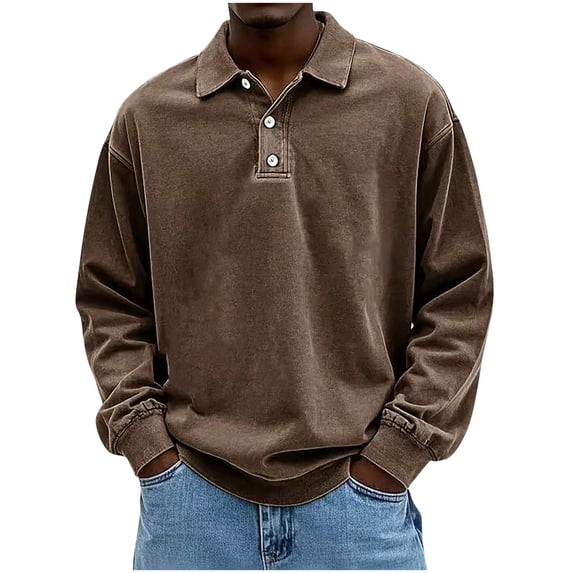 Daiosportswear Men's Long Sleeve Linen Polo Shirts Distressed Button Basic Solid Color Pullovers Classic Casual Collared Shirts Brown L