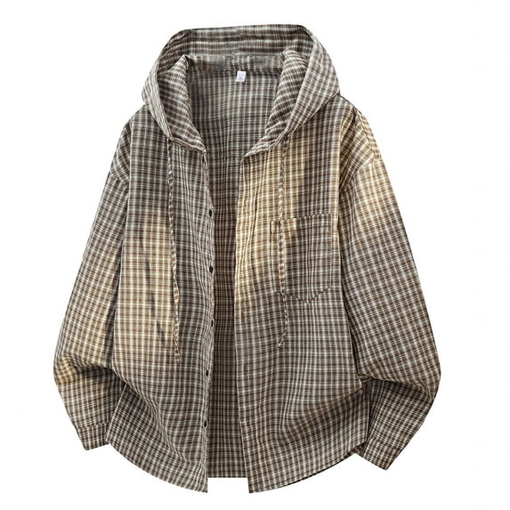 Daiosportswear Men's Loose Plaid Hooded Button Up Shirt, Single Chest Pocket Drop Shoulder Long Sleeve Casual Shacket Beige L