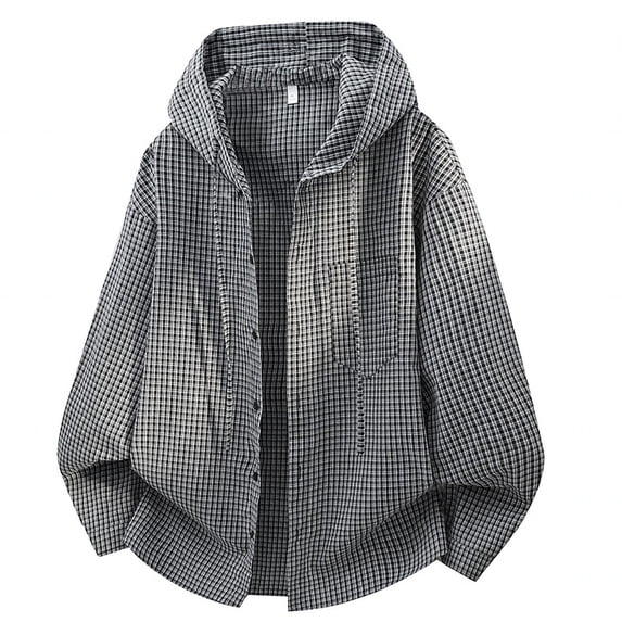 Daiosportswear Men's Loose Plaid Hooded Button Up Shirt, Single Chest Pocket Drop Shoulder Long Sleeve Casual Shacket Black XXL