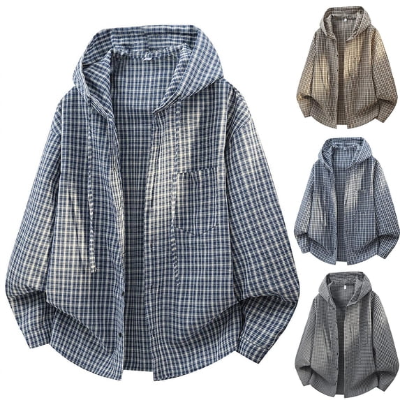 Daiosportswear Men's Loose Plaid Hooded Button Up Shirt, Single Chest Pocket Drop Shoulder Long Sleeve Casual Shacket Blue XL