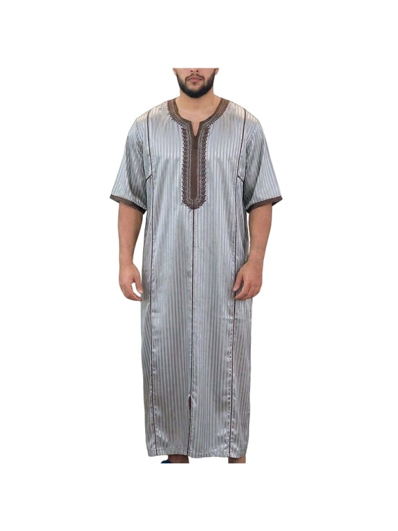 Men's Muslim Embroidery Thobe Short Sleeve Dubai Long Gown Prayer Robe Islamic Jubba Kaftan Islamic Arabic Abaya Gray L