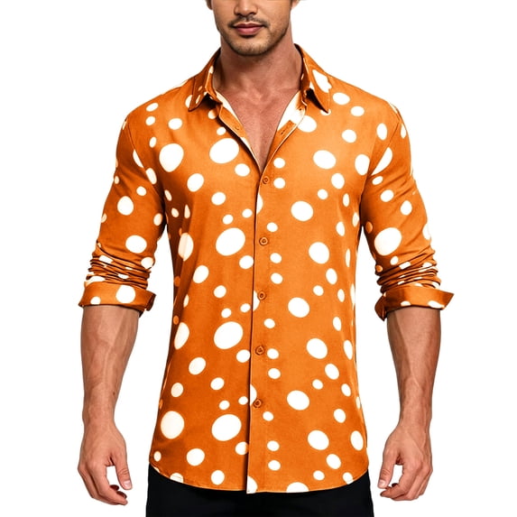 Daiosportswear Men's Polka Dots Button Down Dress Shirts, Stretch Long Sleeve Loose Lapel Business Casual Work Shirt Orange XXL