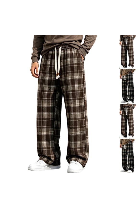 Men's Vintage Black White Plaid Wide Leg Pants, Elastic Drawstring Waist Loose Fall Winter Street Casual Trousers Coffee XL