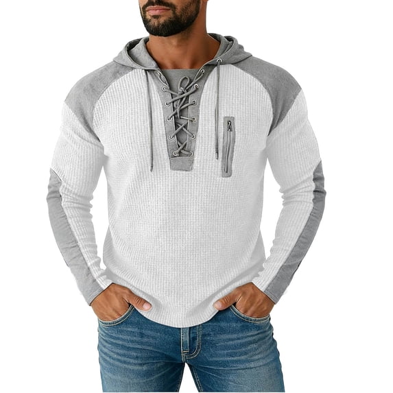Daiosportswear Men's Waffle Hoodies, Color Block Patchwork Vintage Laceup V Neck Long Sleeve Pullovers Athletic Casual Tee Tops White S