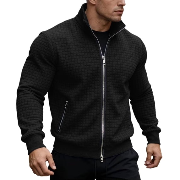 Daiosportswear Men's Zip Up Sweatshirt Mock Neck Quilted Jacket Casual Lightweight Sweater Jackets with Pocket Black L