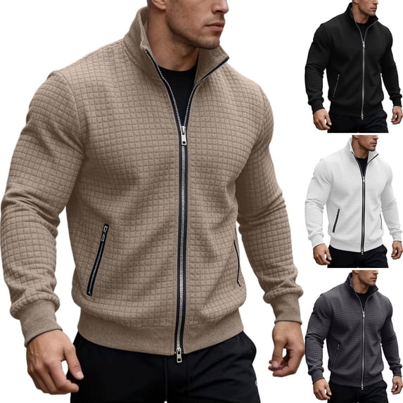 Daiosportswear Men's Zip Up Sweatshirt Mock Neck Quilted Jacket Casual Lightweight Sweater Jackets with Pocket White XL