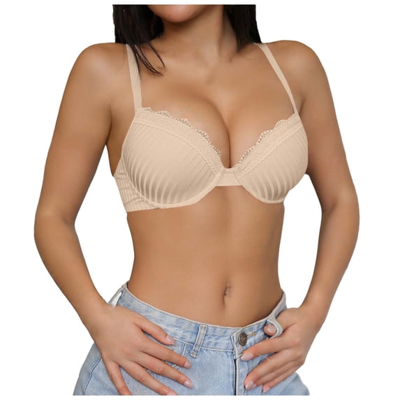 Daiosportswear Minimizer Bra for Women Underwire Full Coverage Lace Trim Bra Comfortable Push Up Bralettes for Daily Wear Beige S(S)
