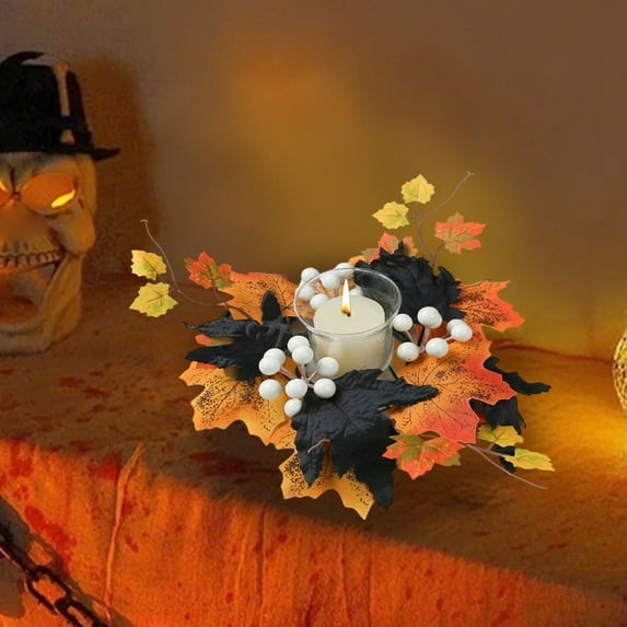 Daiosportswear Multicolor Maple Leaf Candle Holder Wreath, Plastic, 9.4in Diameter, Halloween Thanksgiving Decor, Table Centerpiece, Ornament, Cylindrical Candle Fit, Party Decor