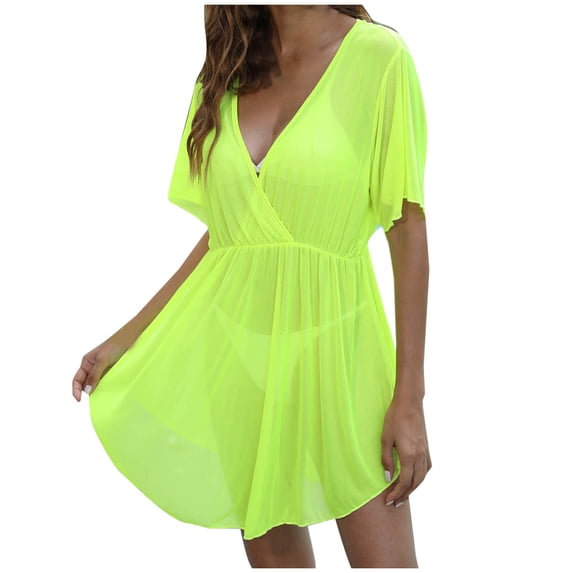 Daiosportswear Plus Size Women Swimsuit Cover Up V Neck Short Sleeve Beachwear Bikini Bathing Suit Cover Summer Beach Dress,Cover-Up for Women Green Free Size