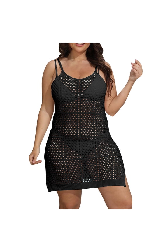 Plus Size Womens Crochet Knit Spaghetti Strap Beach Coverup Mini Dress Summer Scoop Neck Slit Bathing Suit Cover Up,Cover-Up for Women Black 8(L)