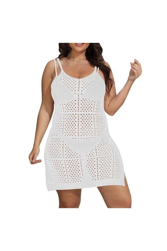 Plus Size Womens Crochet Knit Spaghetti Strap Beach Coverup Mini Dress Summer Scoop Neck Slit Bathing Suit Cover Up,Cover-Up for Women White 6(M)
