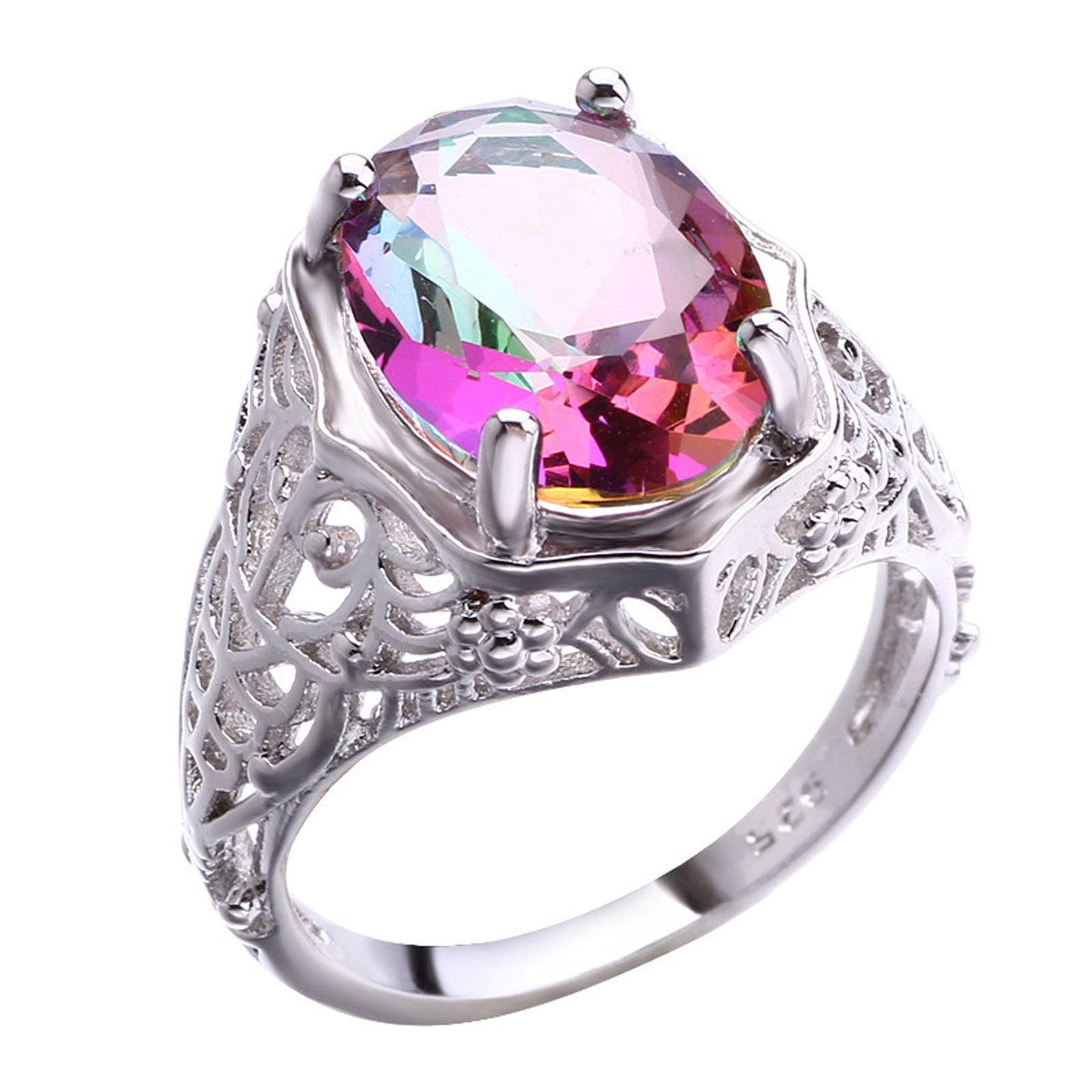 Daiosportswear Ring for women Silver Created Women's Rainbow Topaz ...