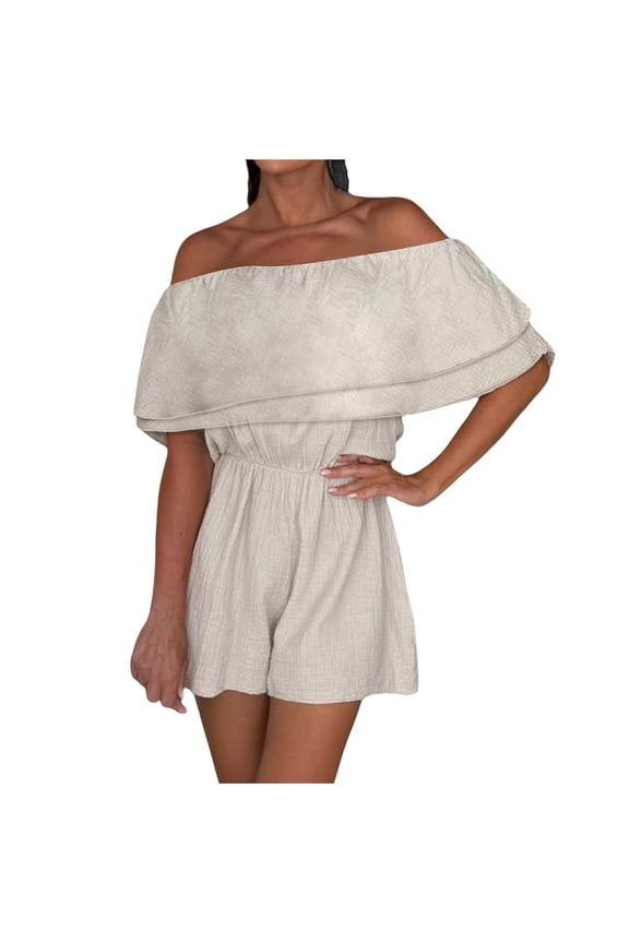 Romper for Women off the Shoulder Ruffle Hem Pleated Short Jumpsuits,Shorts Pants for Women Beige XXL(XXL)