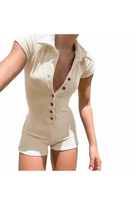 Rompers for Women Button Up Bodycon Short Sleeve Collared One Piece,Shorts for Women