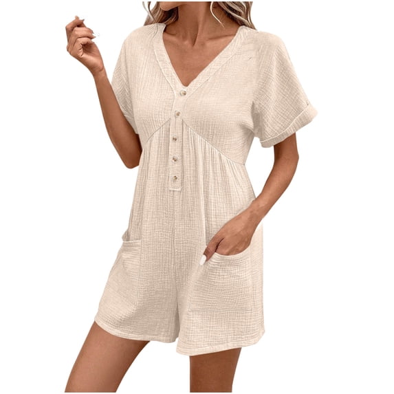 Daiosportswear Rompers for Women Solid Color Short Sleeve V Neck Zipper Jumpsuits 4 Buttons with Pockets,Shorts for Women Beige L(L)