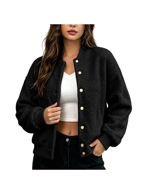 Sherpa Bomber Jacket for Women Fuzzy Zip Up Coat Ribbed Cuff Collar Long Sleeve Teddy Bear Outwear Black