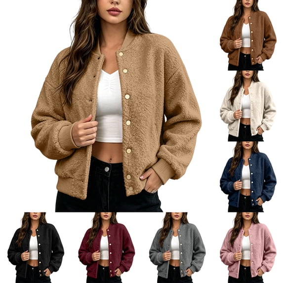 Daiosportswear Sherpa Bomber Jacket for Women Fuzzy Zip Up Coat Ribbed Cuff Collar Long Sleeve Teddy Bear Outwear Wine