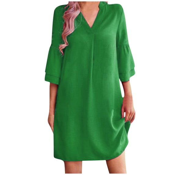 Daiosportswear Shift Dress for Women V Neck Short Sleeves Solid Color Casual Flowy Summer Dresses,Women'S Short-Sleeved Dress Green 12(XXL)