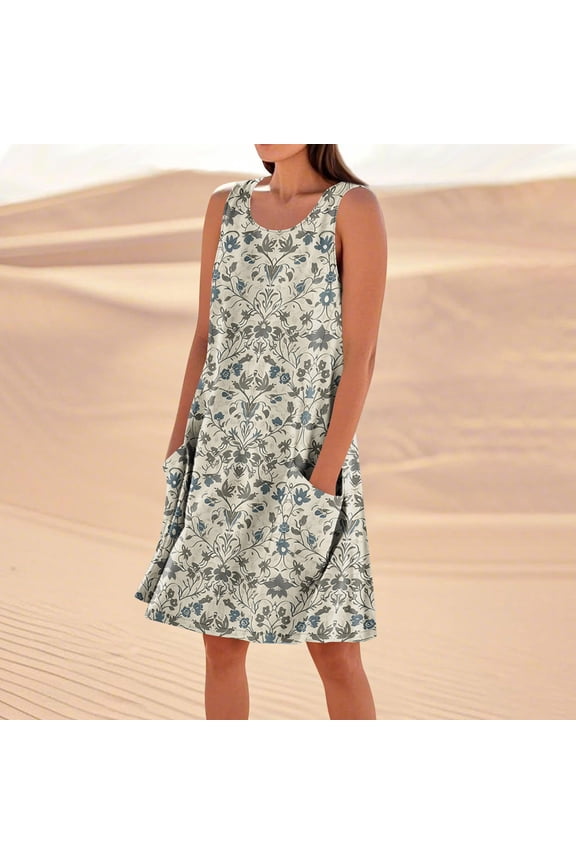 Sleeveless Dresses for Ladies Summer Fall Crew Neck Faux Gauze Linen Floral Print Maxi Long Loose Fit Beach Brunch Hawaiian Tropical Dresses,Women'S Sleeveless Dress White XL(XL)