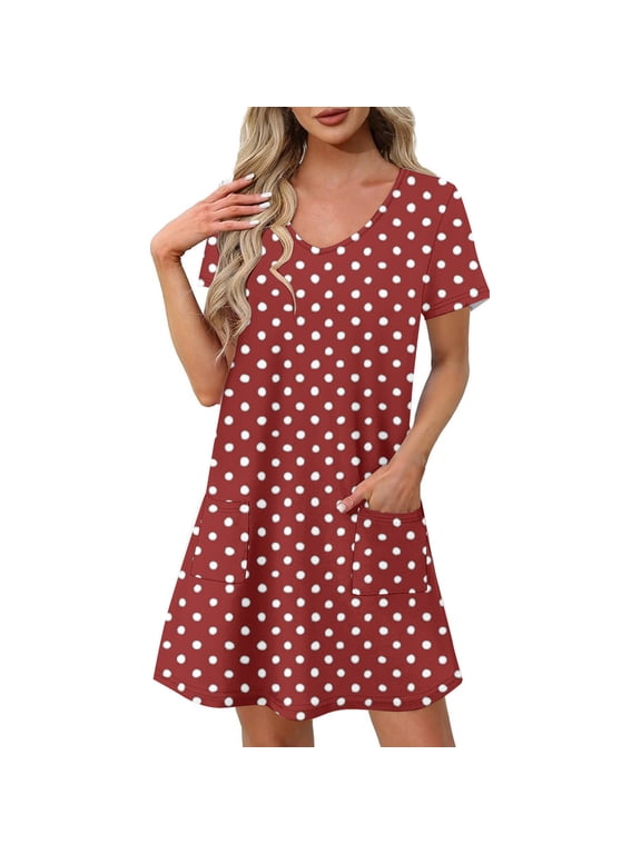Solid Nightgowns for Women Bamboo Viscose Sleepshirt Short Sleeve Nightshirt V Neck T Shirt Night Gown with Pockets,Women'S Short-Sleeved Dress Red-C L(L)