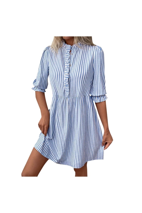 Striped Dress for Women Blue White Vertical Stripes Ruffle Collar Puff Sleeve Short Summer Casual Dress,Women'S Short-Sleeved Dress Blue M(M)
