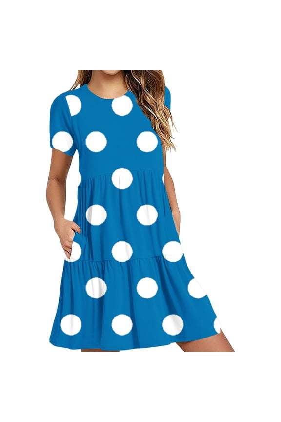 Summer Dresses Casual Loose T-Shirt Polka Dot Short Sleeve Plus Size Flowy Sundresses with Pockets,Women'S Short-Sleeved Dress Blue-A 12(XXL)