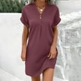 thumbnail image 1 of Daiosportswear Summer Dresses for Women Casual Button V Neck Short Sleeve Tunics A Line Ribbed Mini T Shirt Dress, Short-Sleeved Dress for Women Wine 4(S), 1 of 4